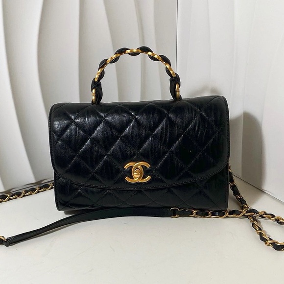 CHANEL Handbags - CHANEL Handle Flap Bag Black Aged Calfskin with Gold Hardware